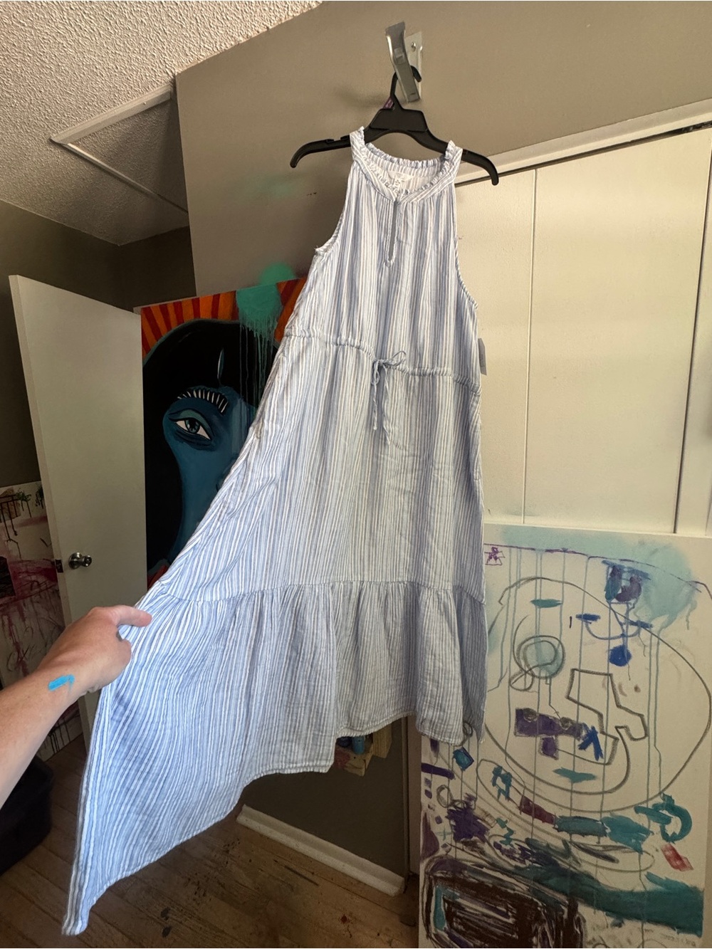 Light Blue & White Striped Halter Maxi Dress XL cotton cottagecore